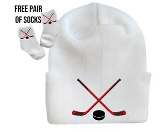 Newborn Hat Hockey with FREE SOCKS & Optional Mittens. Gender Reveal, Surprise Dad! Coming Home Hat, Cute Baby Gift