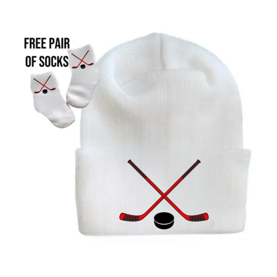 Newborn Hat Hockey with FREE SOCKS & Optional Mittens. Gender Reveal, Surprise Dad! Coming Home Hat, Cute Baby Gift