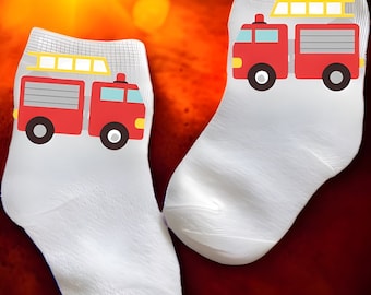 Baby/Toddler/Child Fire truck Socks. Multiple sizes offered. Choose from 0-6 months to 10 years. Every Baby Needs. Cute Baby Gift!