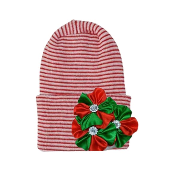 Newborn Hospital Hat! Red and White  Striped or Solid White hat. Red and Green Flower Cluster on it.