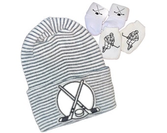 Newborn Hospital Hat Hockey baby with Optional Mittens & Socks Gender Reveal, Surprise Dad! Coming Home Hat, Cute Baby Gift