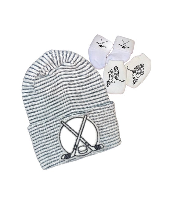 Newborn Hospital Hat Hockey baby with Optional Mittens & Socks Gender Reveal, Surprise Dad! Coming Home Hat, Cute Baby Gift