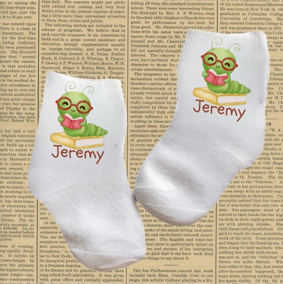 Book worm socks for Baby, Toddler, Child. With Option to add name. Multiple sizes offered. Choose from 0-6 Months to 14 years.