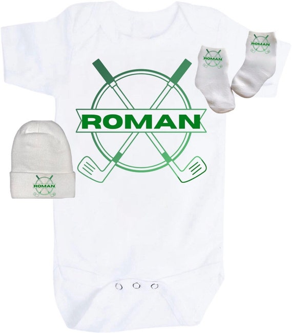 Baby Golfer Bodysuit and a White Hat, Newborn Mitts and Socks For Newest Golfer