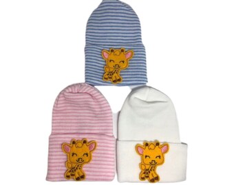 NEWBORN Hospital Hat. Newborn Hosptal Beanie. Baby Hat with GIRAFFE Applique. Great Gift. Cute!