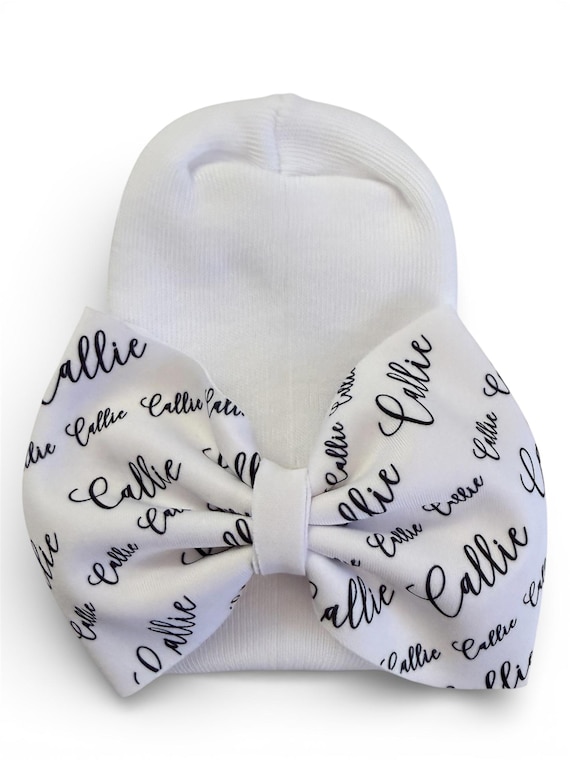 Baby Bow Name Bow on Hat, Nylon Headband or Alligator Clip. Newborn Size Black and White Stripe OR Solid White Hat.