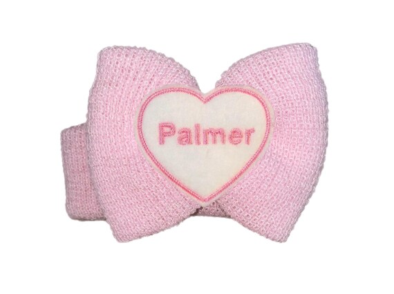 Baby HEADBAND with Baby’s Name on pink knit Bow. 1st Keepsake! Great Gift
