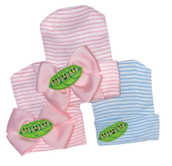 Triplets! Newborn Hospital Hats. 3 Baby Beanies. 3 PEAS In a POD! You Choose Hat Colors! Great Gift and Cute Photo Prop!