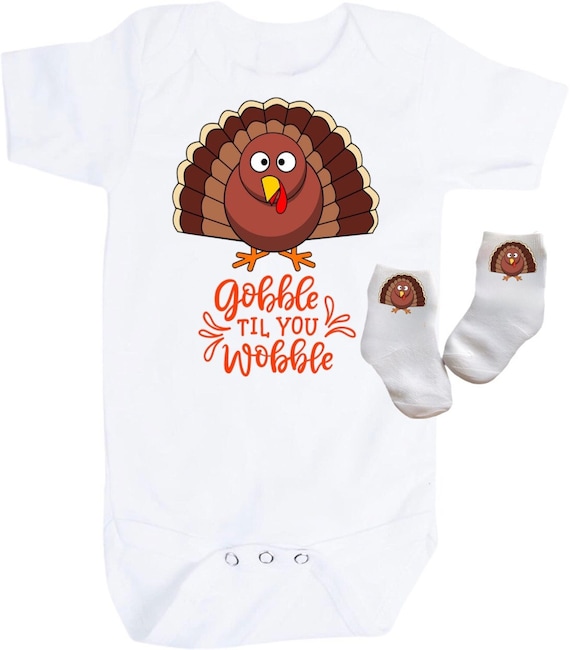 Thanksgiving Baby Bodysuit with Option to add Socks and No Scratch Mittens. Size 0-3 Months to 24 Months. EXCLUSIVELY FOUND HeRe!