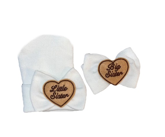 Newborn Girl Hat with Little Sister Heart on Bow Newborn Hospital Beanie And Big Sister Bow. Baby Newborn Hats.  Little Sister