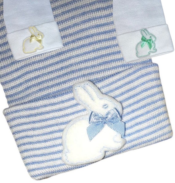 Newborn Hospital Hat Baby Beanie. Blue and White Stripe Hat or White Hat with BUNNY! Cute and Makes a Great Gift and Cute Photo Prop!