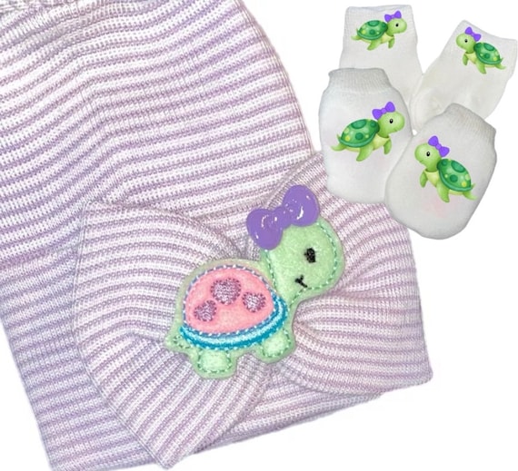 Newborn Hospital Hat Adorable Turtle with Lavender Bow on Her and Option to add Socks and Mitts.Newborn Hat Baby's 1st Keepsake! Great Gift!