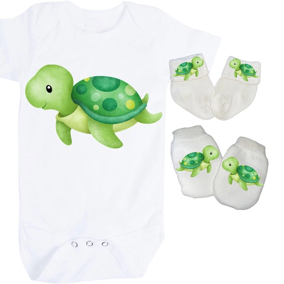 Turtle Baby Bodysuit with No Scratch Mittens and Socks! Size 0-3 Months. EXCLUSIVELY FOUND HeRe!
