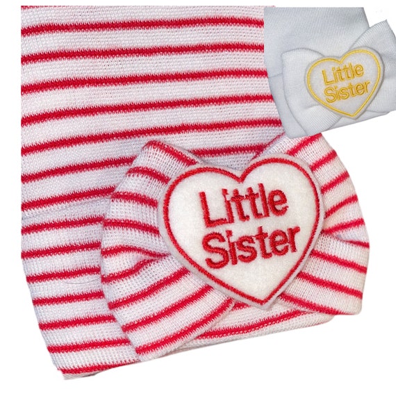 Newborn Girl Hat with Little Sister Embellishment on Big Bow Newborn Hospital Beanie.  Baby Newborn Hats.  Little Sister