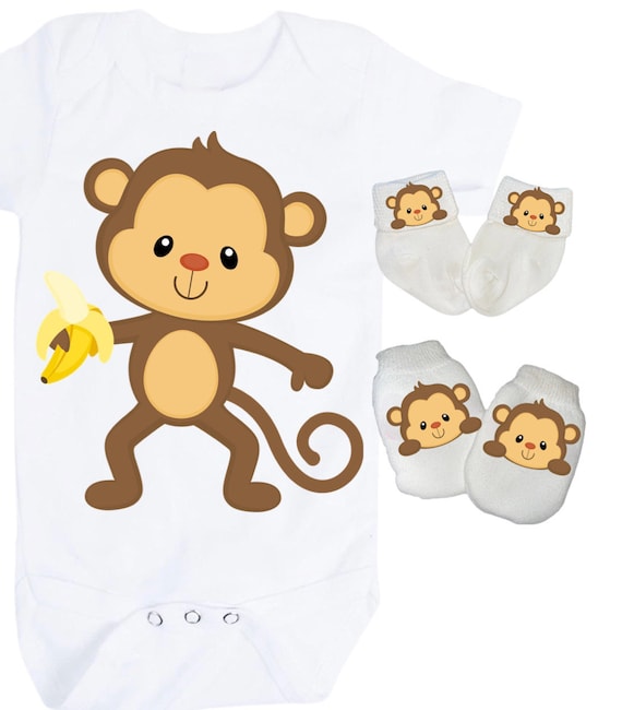 Monkey Baby Bodysuit with No Scratch Mittens and Socks! Size 0-3 Months. EXCLUSIVELY FOUND HeRe!