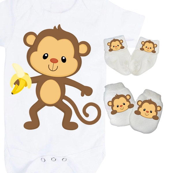 Monkey Baby Bodysuit with No Scratch Mittens and Socks! Size 0-3 Months. EXCLUSIVELY FOUND HeRe!