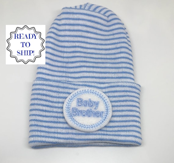 Newborn Hospital Hat. Round Top Blue and White Baby Brother. Newborn Beanie. Every New Baby Boy Should Have!