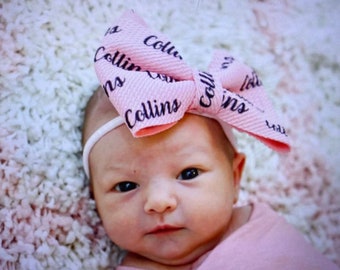 Girls Bow with NAME on Hat, Headband or Clip! Custom Made Pink Farbic Bow. EXCLUSIVE