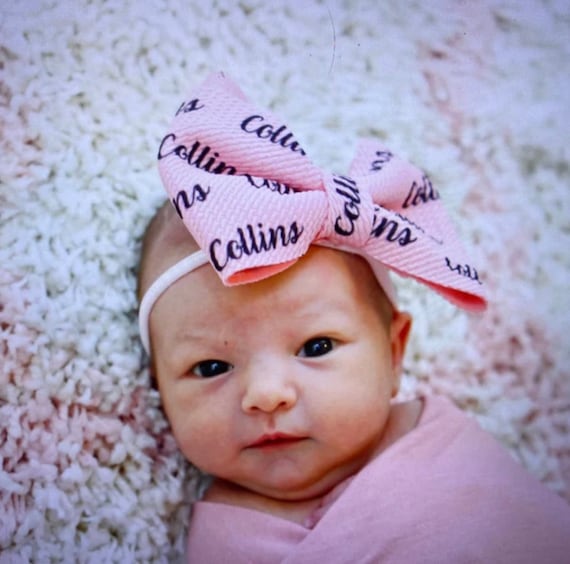 Girls Bow with NAME on Hat, Headband or Clip! Custom Made Pink Farbic Bow. EXCLUSIVE