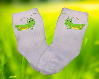 Baby/Toddler/Child Grasshopper Socks. Multiple sizes offered. Choose from 0-6 months to 10 years.  Every Baby Needs. Cute Baby Gift!