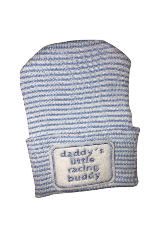 Newborn Hospital Hat daddy's little racing buddy. 1st Keepsake, Baby Boy Hat. Gender Reveal, Surprise Dad! Coming Home Hat, Cute Baby Gift