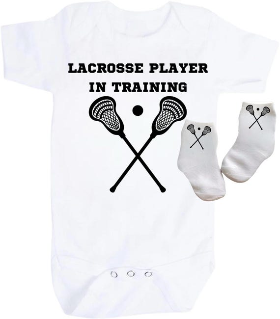 Baby Bodysuit with LACROSSE PLAYER in Training with socks. You choose size and Title at checkout.