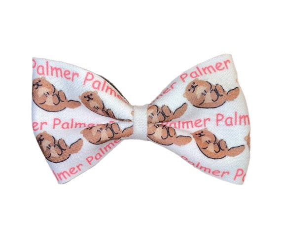 Girls Bow Hat or Headband with Cute Otters & NAME! Baby Girl Bow!  Custom Made Fabric Bow. Newborn Hospital Hat. Newborn Hat.  EXCLUSIVE