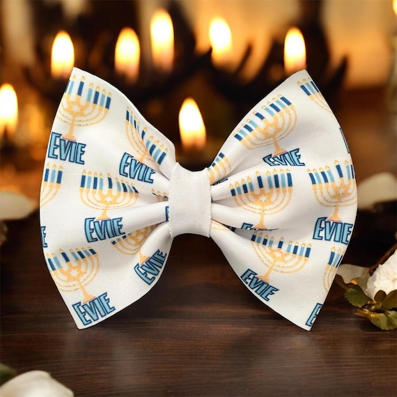 Hanukkah Bow with menorah and NAME on Hat, Headband or Clip! Custom Made Farbic Bow. EXCLUSIVE