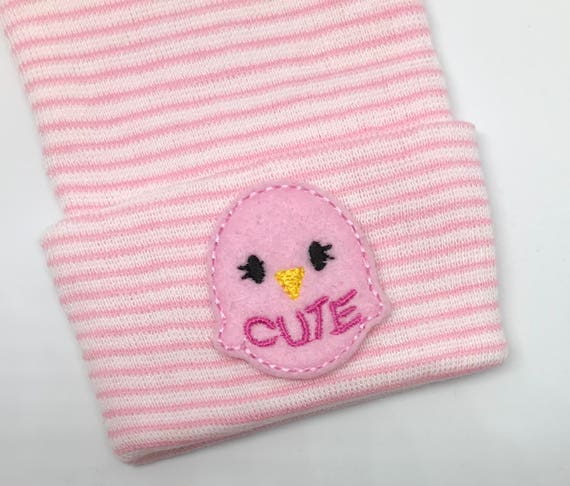 OnLy 1 Left! Newborn Hospital Hat! Pink and White Striped hospital hat topped off with a Cute Pink Chick!  Spring Baby Great Gift!