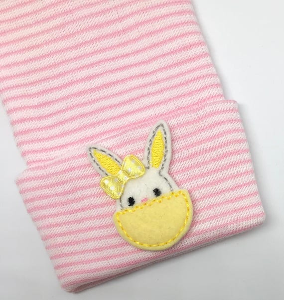 OnLy 1 Left! Newborn Hospital Hat! Pink and White Striped hospital hat topped off with Bunny in egg!  Spring Baby Great Gift!