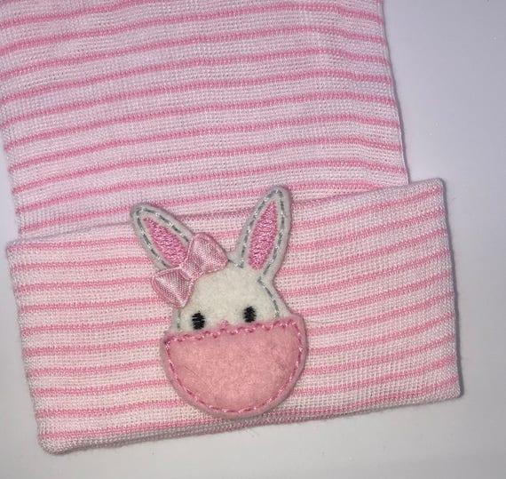 OnLy 1 Left! Newborn Hospital Hat! Pink and White Striped hospital hat topped off with Bunny in egg!  Spring Baby Great Gift!