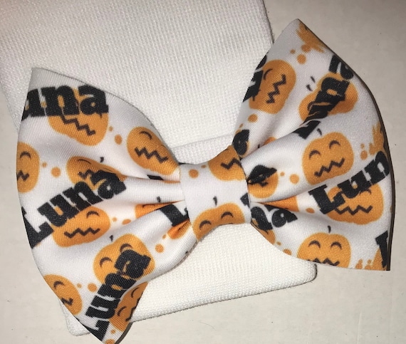Girls Halloween Fall Bow with NAME on Hat, Headband or Clip! Custom Made Fabric Bow. EXCLUSIVE