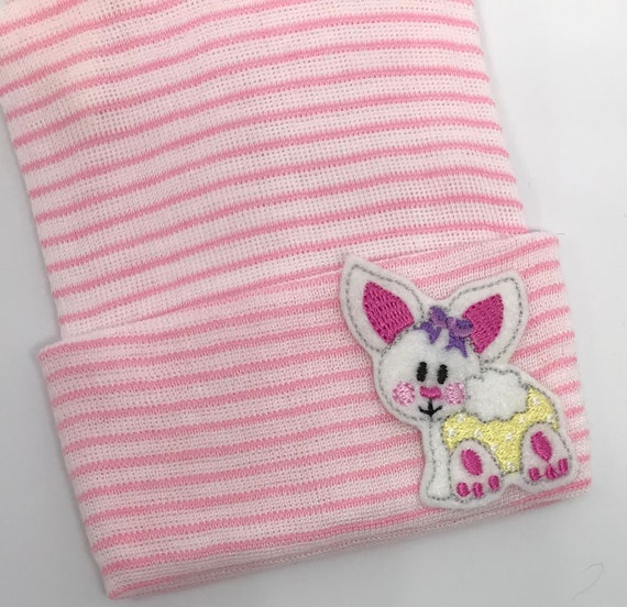 Newborn Hospital Hat Baby Beanie. Pink and White Stripe Hospital Grade Beanie with BUNNY! Cute and Makes a Great Gift and Cute Photo Prop!