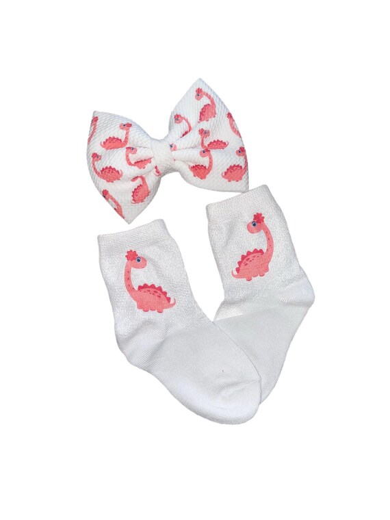 Girls Bow on Alligator Clip with Cute Dinosaur and Socks. EXCLUSIVE