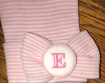 Baby Girl Hat Newborn Hospital Hat Monogrammed with Initial! Bow with Initial in Pink. Great Gift any Mom would LOVE 1st Keepsake!