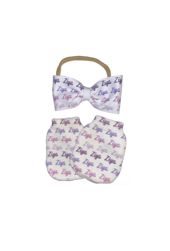 Bow Headband, & Newborn no scratch Mittens With Name. Perfect Shower / Newborn Gift! Every Baby Needs. Cute Baby Gift!