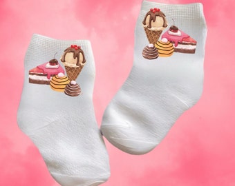 Baby/Toddler/Child Socks with Desserts on them. Multiple sizes offered Choose from 0-6 months to 10 years Every Baby Needs. Cute Baby Gift!