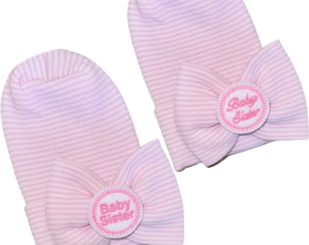 Baby Sister Bow Newborn Hat. Great Gift, Gender Reveal, Keepsake.