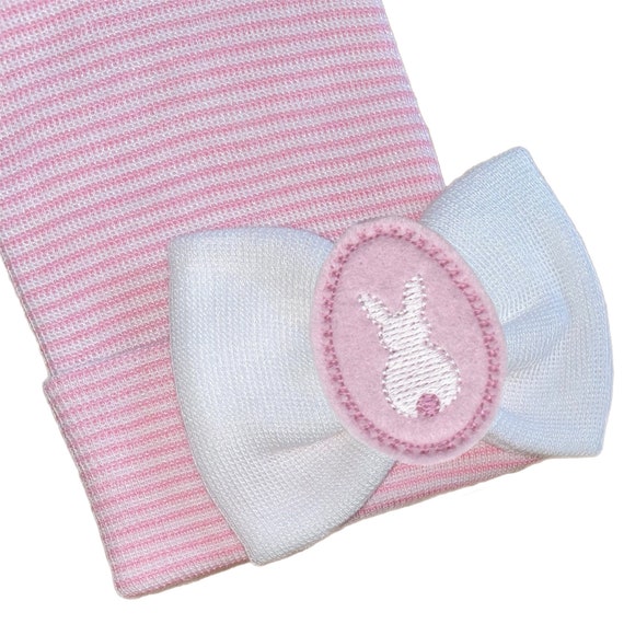 Baby Girl Hat White Bow Beanie With Bunny in Egg on Bow. Hospital Beanie Hat. Perfect 1st Keepsake! Great Baby Gift! Every Baby Needs One!