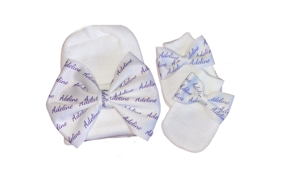 Girls Bow Hat with NAME and matching no scratch mittens. Baby Girl Bow!  Custom Made Fabric Bow. Newborn Hospital Hat. EXCLUSIVE