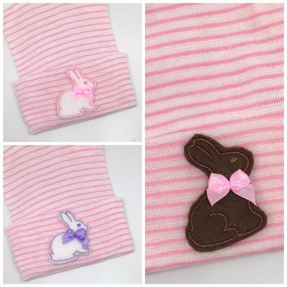 Newborn Hospital Hat Baby Beanie. Pink and White Stripe Hat with Chocolate BUNNY! Cute and Makes a Great Gift and Cute Photo Prop!