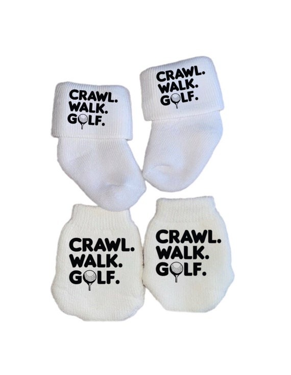 MITTENS & Sock Option Newborn no scratch Mittens. Crawl, Walk, Golf. Perfect Shower/Newborn Gift Every Baby Needs. Cute Baby Gift!