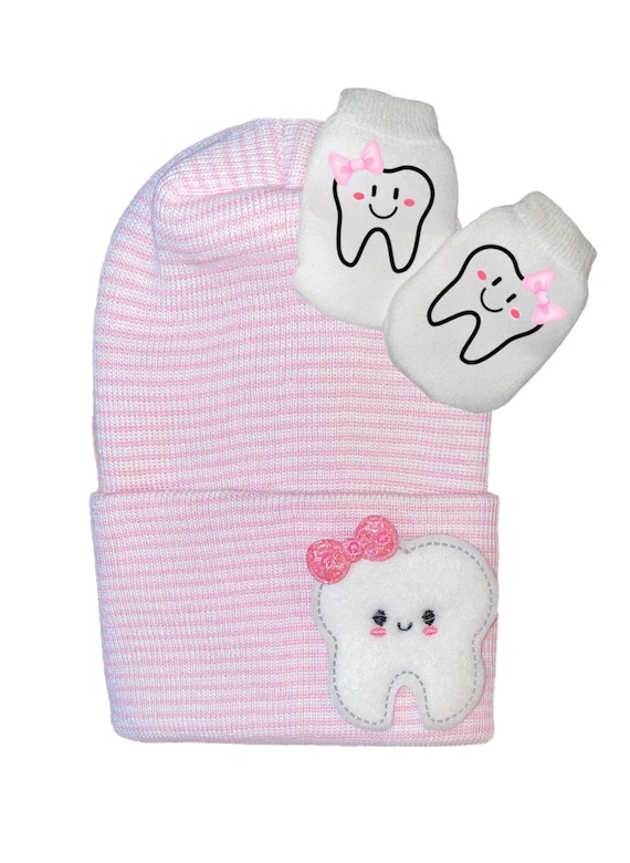 Tooth Newborn Hat. Option to Add Mitts and Socks. Perfect for Dentist or Hygienist. Cute Going Home Hat!  Fits Newborn Great Photo Prop.