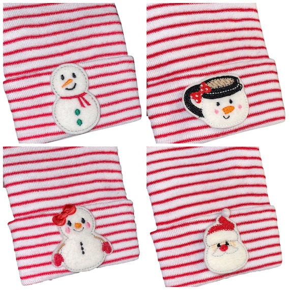 Newborn Hospital Hat! Red and White Striped hat.  You Choose Santa, Snowman or Hot Chocolate!