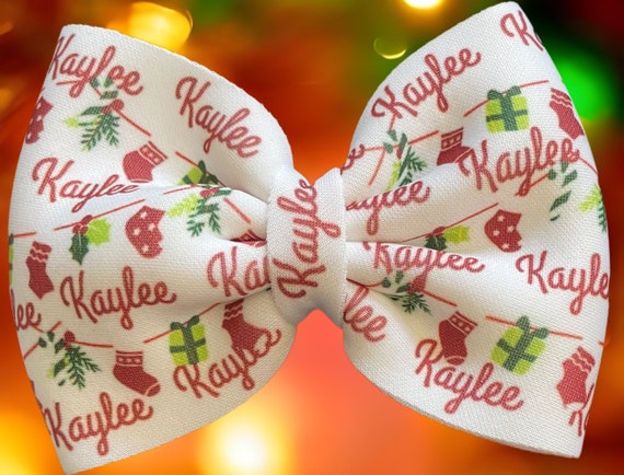 Girls Holiday Bow with NAME on Nylon Headband , Newborn Hat or or Alligator Clip! Custom Made Farbic Bow. EXCLUSIVE