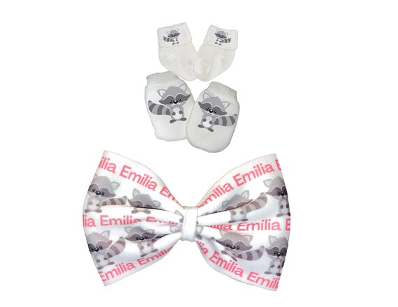 Bow on Headband, Socks & no scratch  Mittens With Raccoons! Perfect Shower/Newborn Gift Every Baby Needs. Cute Baby Gift!