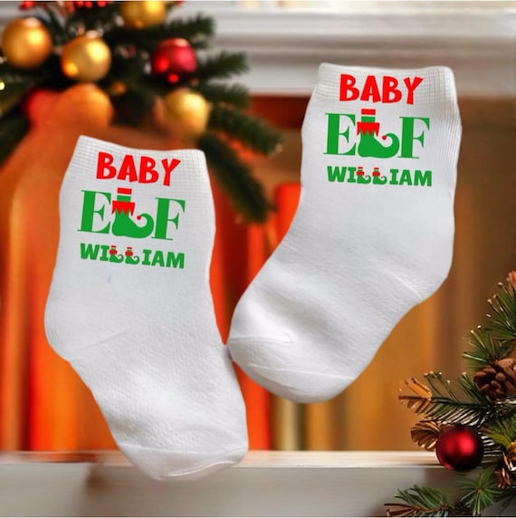 Baby/Toddler/Child Holiday Baby Elf Socks with optiin to add name. Multiple sizes offered. Choose from 0-6 months to 10 years. Cute Gift!