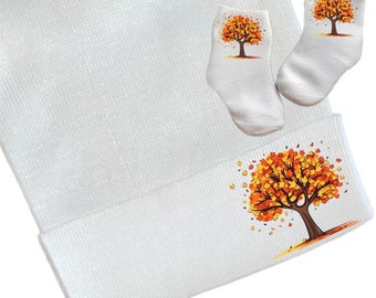 Newborn Hospital Hat Autumn Leaves Tree. Option to add Socks & Mitts.Great Gift. Baby's 1st Keepsake. Cute