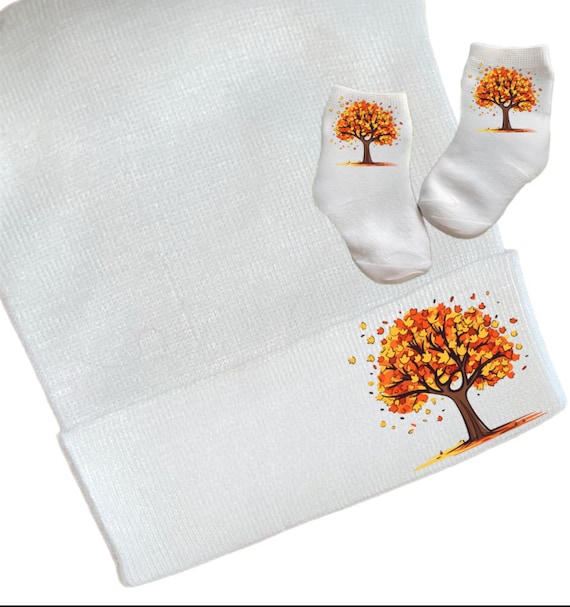 Newborn Hospital Hat Autumn Leaves Tree. Option to add Socks & Mitts.Great Gift. Baby's 1st Keepsake. Cute