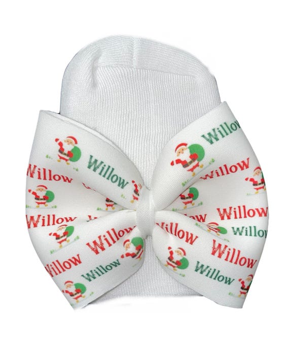 Girls Holiday Christmas Bow with NAME on Hat, Headband or Clip! Custom Made Farbic Bow. EXCLUSIVE
